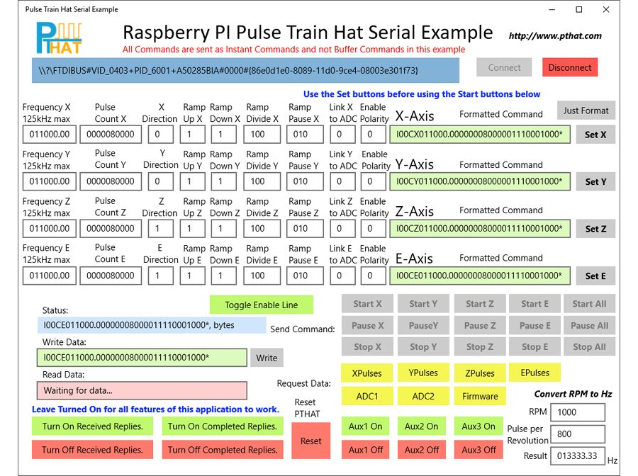 Pulse Train Hat Serial Port Commands Example